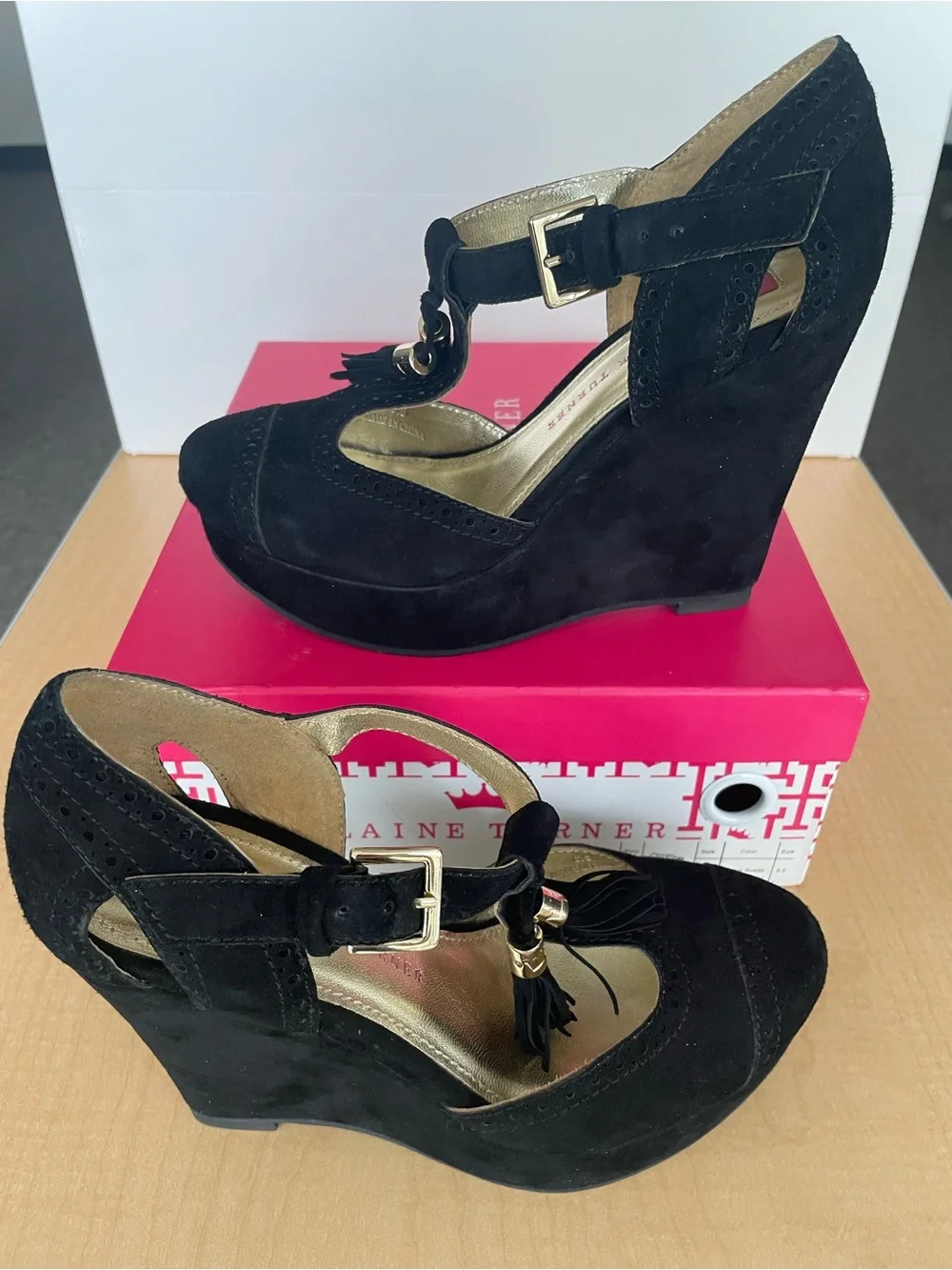 Elaine Turner Black Suede Tassel Wedge Sandals